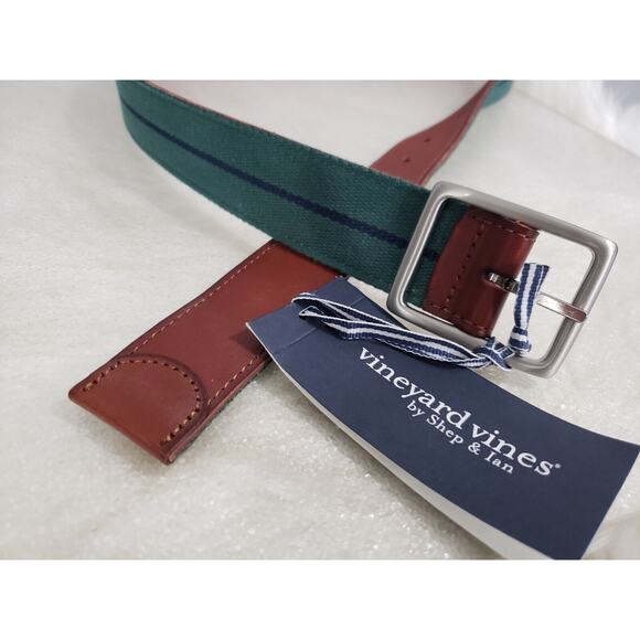 NEW Vineyard Vines Leather Canvas Webbing REVERSIBLE Brown Green Navy Blue Sz 30 - Picture 1 of 5